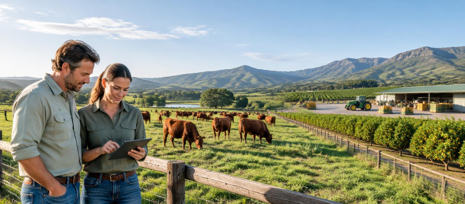 Farm owner and manager reviewing their operation beside cattle, orchards and a packhouse