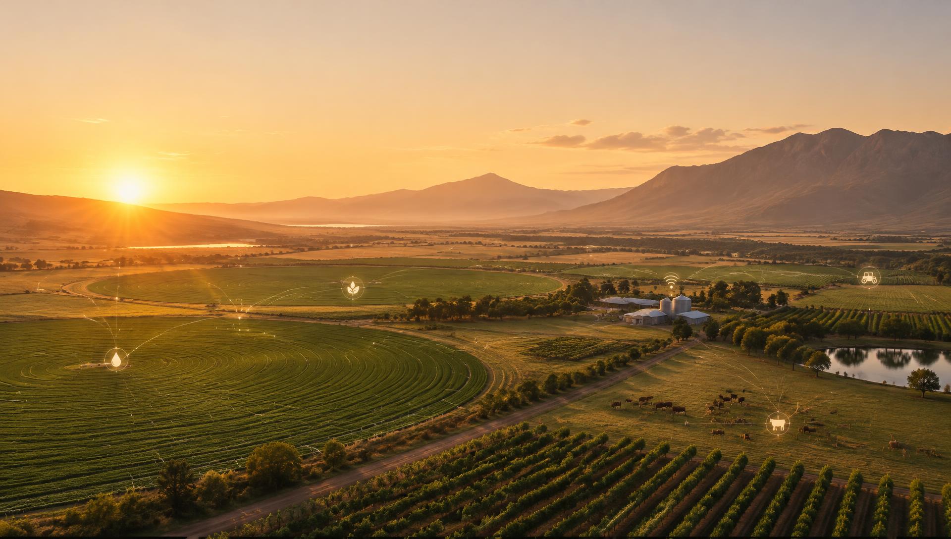 Farm at golden hour connected by data